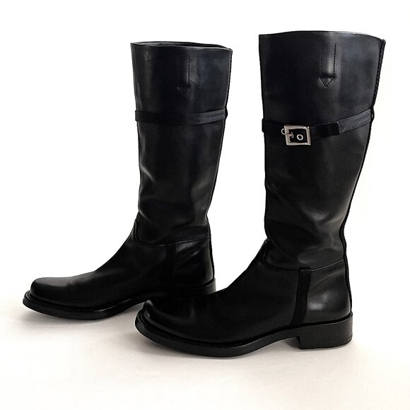 PRADA Black Leather Pull-on Tall Lug Sole Boots with Buckle, Size 37 (US 7) - Picture 4 of 13